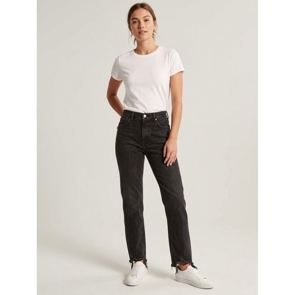 Abercrombie & Fitch Denim - Abercrombie & Fitch Black The 90s Straight Ultra High Rise Jeans Raw Hem 27 4R